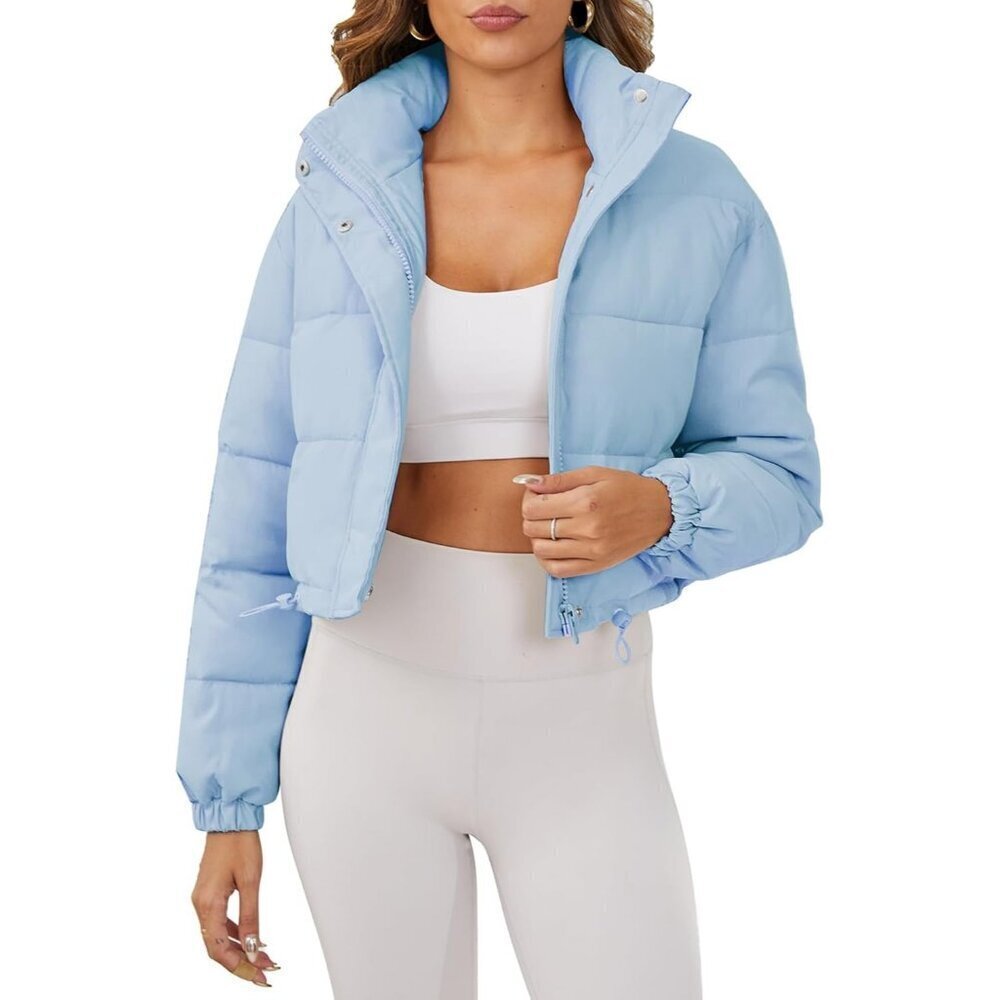 Women's Cropped Puffer Jacket Long Sleeve Puffy Coat Stand Collar Zip UP Blue